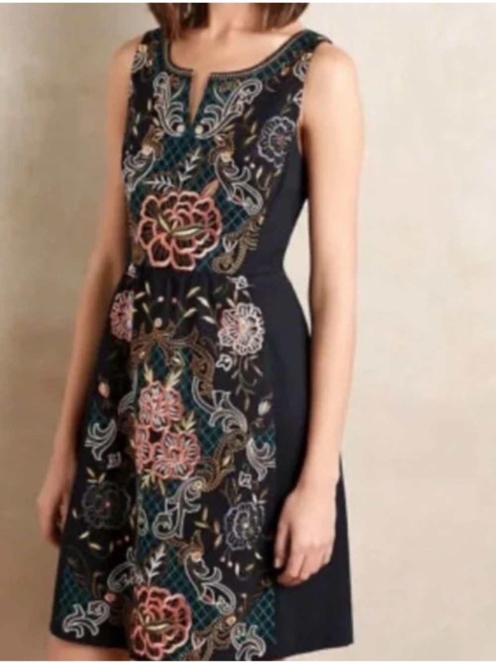 Moulinette Soeurs Black Midi Dress with Multicolor Floral Embroidery